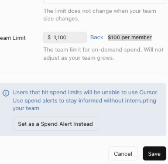Cursor team spend limit modal showing a fixed team limit with a "$100 per member" label beside the total